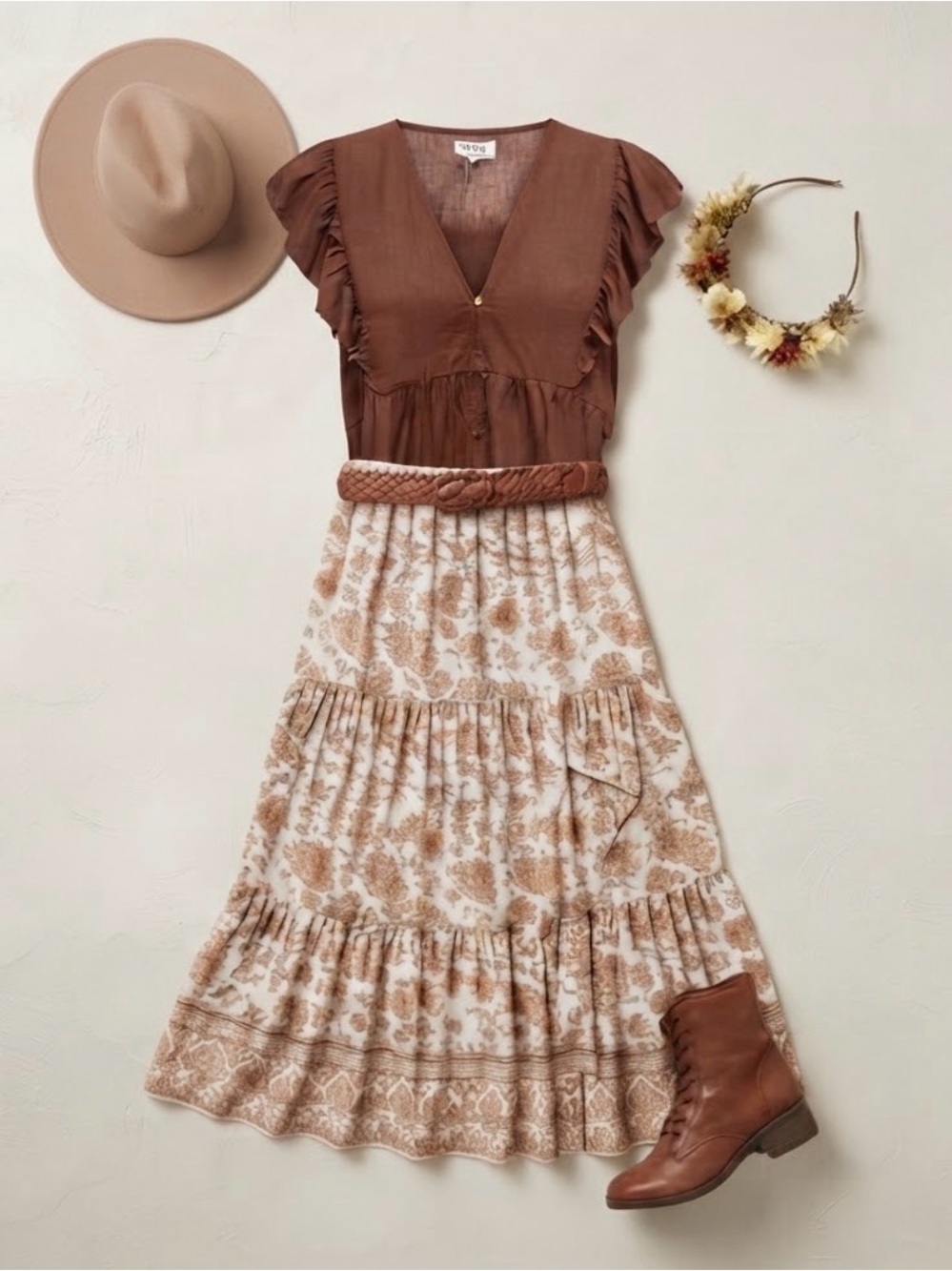 Rust Brown Ruffle Sleeve Button-Front Women’s Top - Picture 4 of 5